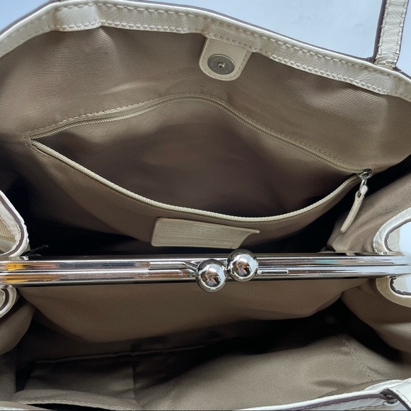 Coach Signature Stripe Framed Tan Carryall Purse - Picture 12 of 15